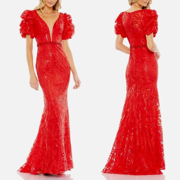 MAC DUGGAL 12421 EMBELLISHED PUFF SLEEVE PLUNGE NECK TRUMEPT RED GOWN  sz 8 - Picture 1 of 5